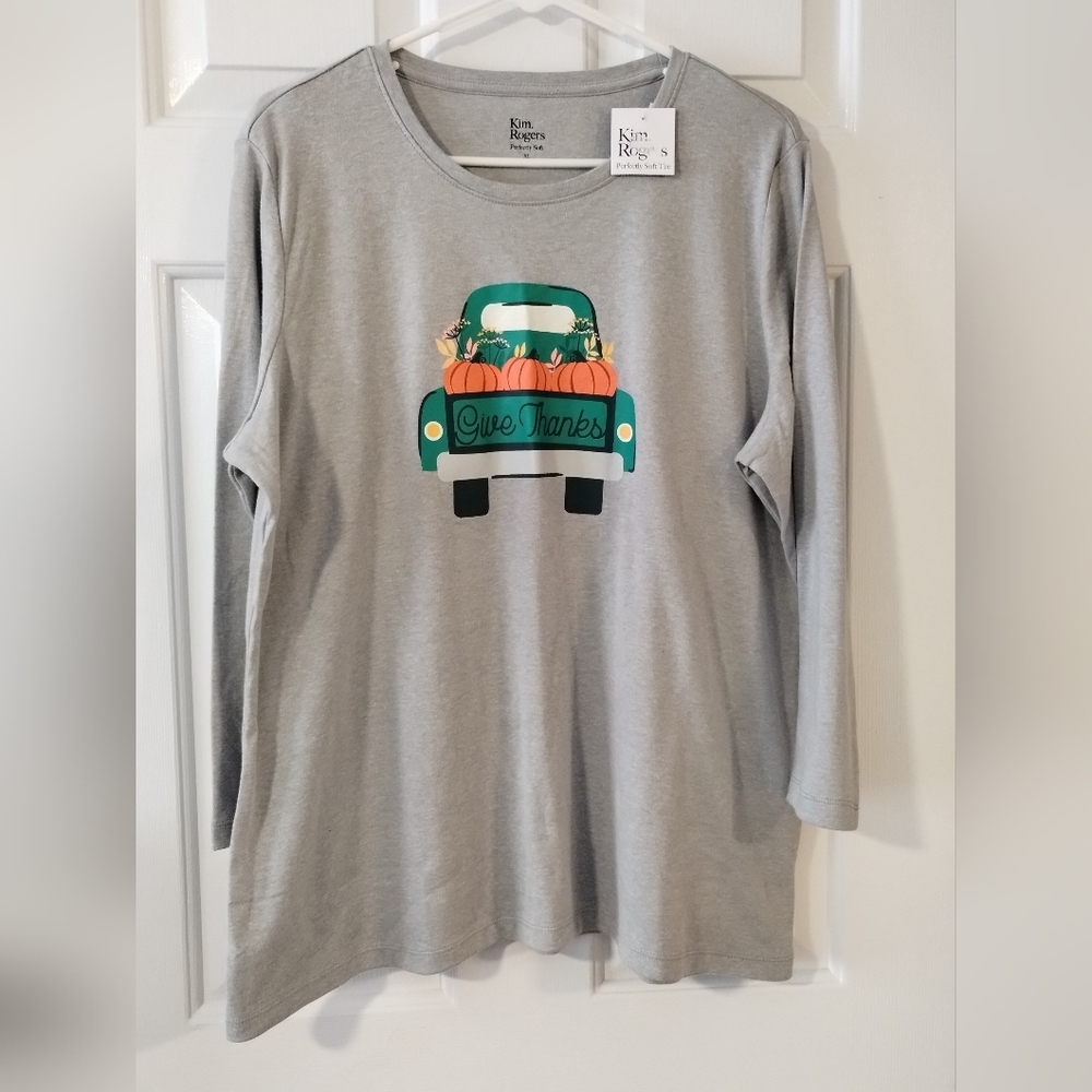 Kim Rogers Gray Long Sleeve Tee with Festive Pumpkin Vintage Truck Design